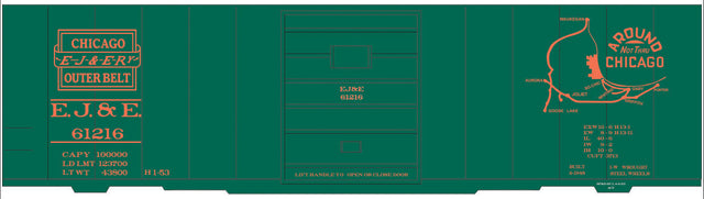 Railroad Decal Set -- Elgin, Joliet & Eastern 40' Steel Boxcar (green Car, Map Around Chicago Logo
