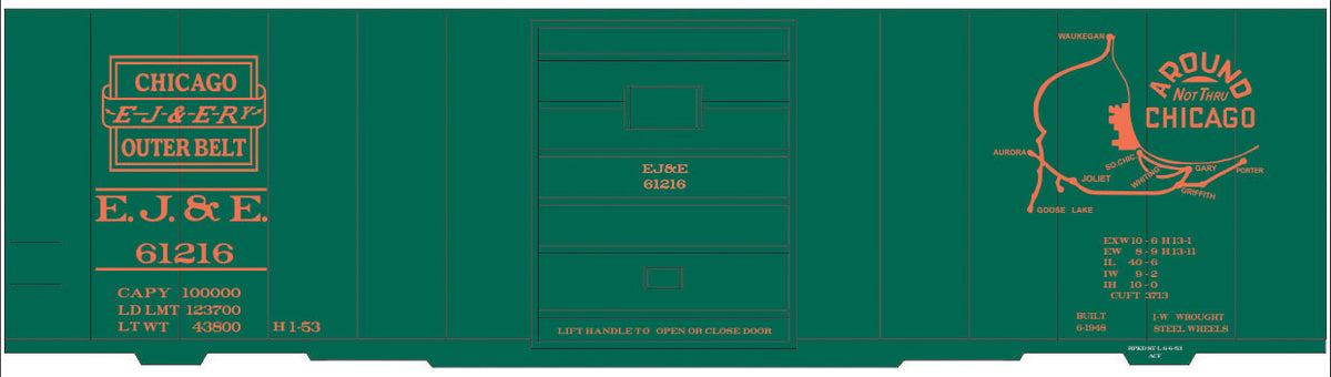 Railroad Decal Set -- Elgin, Joliet & Eastern 40' Steel Boxcar (green Car, Map Around Chicago Logo