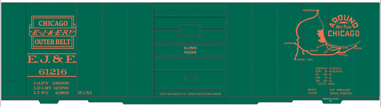 Railroad Decal Set -- Elgin, Joliet & Eastern 40' Steel Boxcar (green Car, Map Around Chicago Logo
