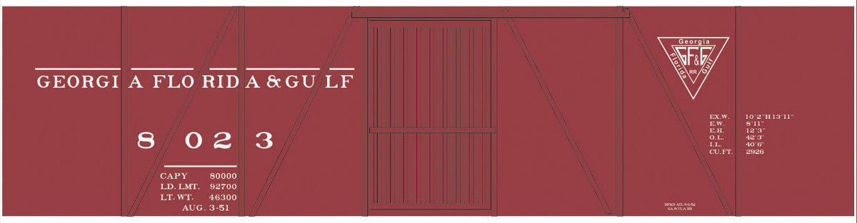 Railroad Decal Set -- Georgia, Florida & Gulf 40' Single-Sheathed Wood Boxcar (Triangle Logo)