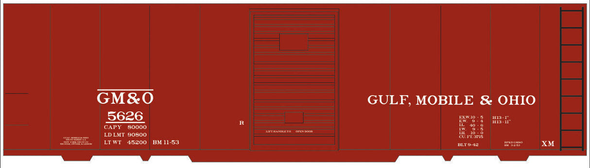 Railroad Decal Set -- Gulf, Mobile & Ohio 40' Steel Boxcar (Boxcar Red Car, No Logo)