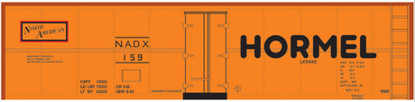 Railroad Decal Set -- Hormel NADX 40' Steel Reefer (orange Car, Medium Hormel, North American Logo
