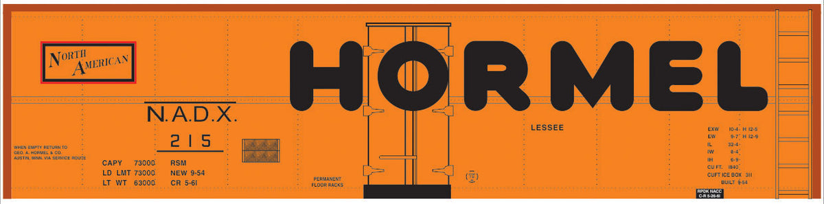 Railroad Decal Set -- Hormel NADX 40' Steel Reefer (orange Car, Large Hormel, North American Logo)