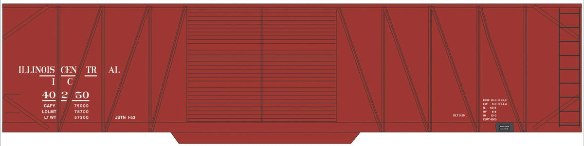 Railroad Decal Set -- Illinois Central 50' Double-Door Single-Sheathed Boxcar (Boxcar Red, No Logo