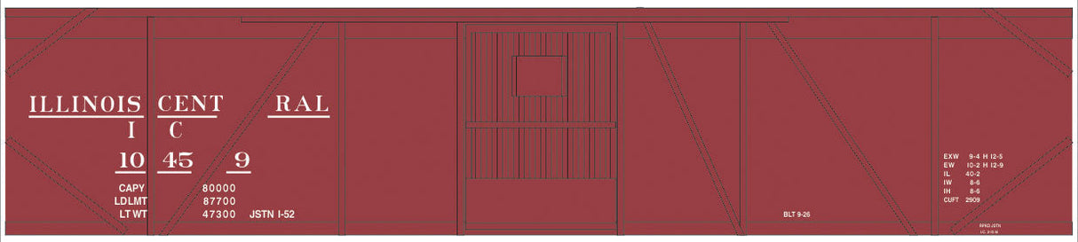 Railroad Decal Set -- Illinois Central 50' Single-Door Single-Sheathed Boxcar (Boxcar Red, No Logo