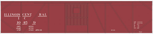 Railroad Decal Set -- Illinois Central 50' Single-Door Single-Sheathed Boxcar (Boxcar Red, No Logo