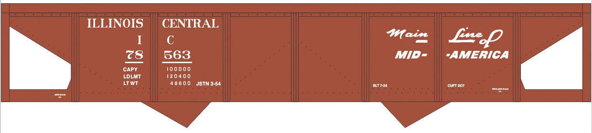 Railroad Decal Set -- Illinois Central 2-Bay Steel Hopper (Boxcar Red, Mainline Mid of America Log