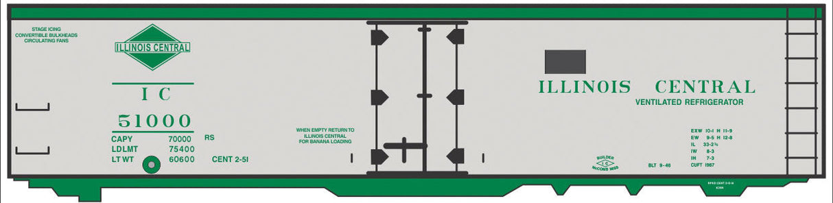Railroad Decal Set -- Illinois Central 40' Steel Reefer (silver Car, green Lettering & Diamond Log