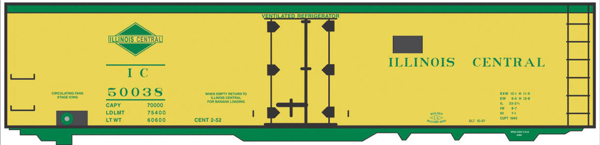 Railroad Decal Set -- Illinois Central 40' Steel Reefer (yellow Car, green Lettering & Diamond Log