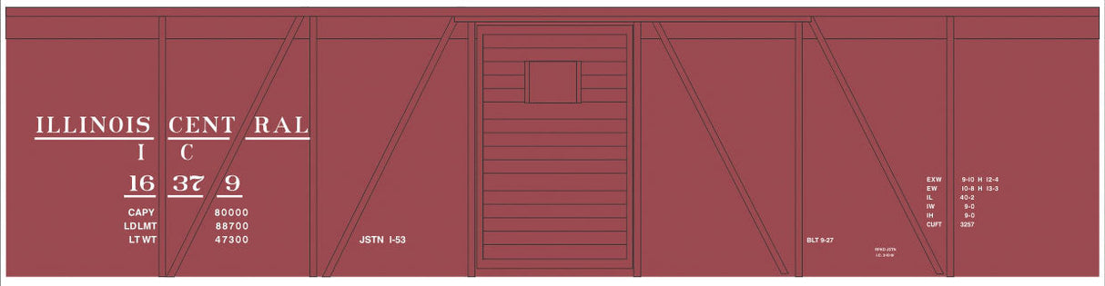 Railroad Decal Set -- Illinois Central 40' Single-Door Single-Sheathed Boxcar (Boxcar Red, No Logo