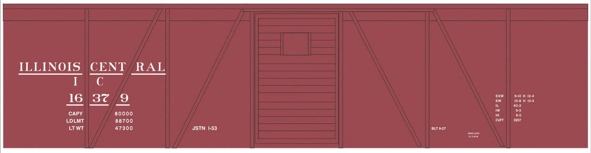 Railroad Decal Set -- Illinois Central 40' Single-Door Single-Sheathed Boxcar (Boxcar Red, No Logo
