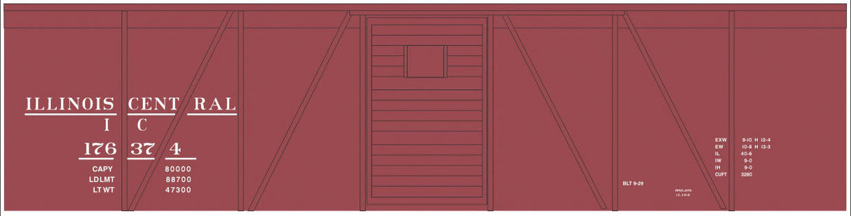 Railroad Decal Set -- Illinois Central 40' Single-Door Single-Sheathed Boxcar (Boxcar Red, No Logo