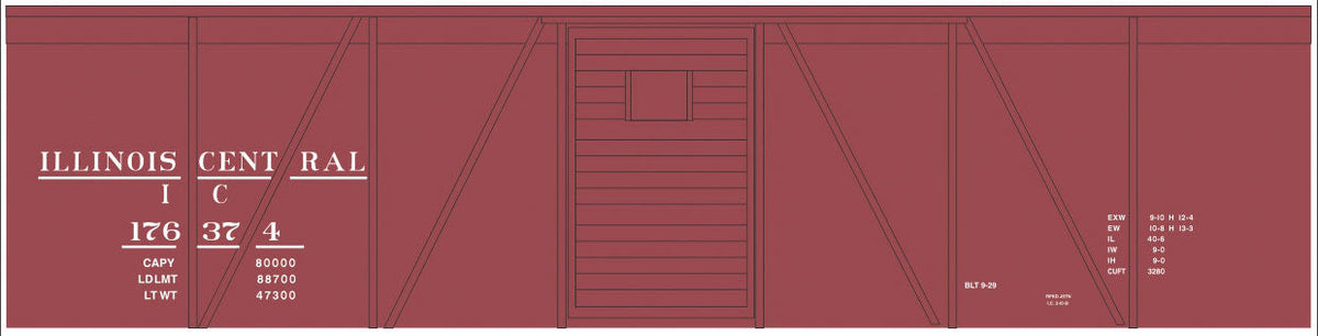 Railroad Decal Set -- Illinois Central 40' Single-Door Single-Sheathed Boxcar (Boxcar Red, No Logo