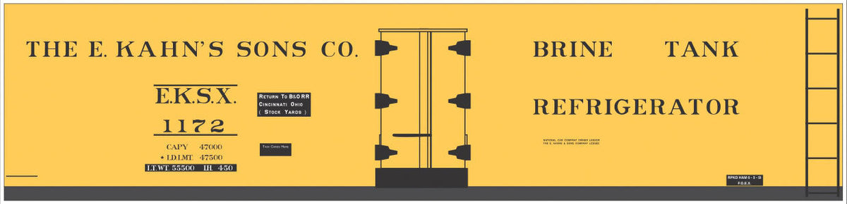 Railroad Decal Set -- E. Kahn's Sons 40' Steel Reefer (yellow Car)