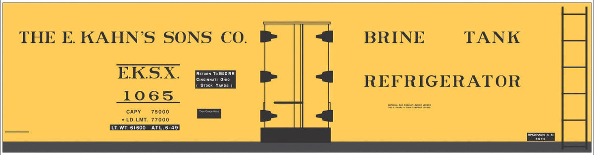 Railroad Decal Set -- E. Kahn's Sons 37' Steel Reefer (yellow Car)