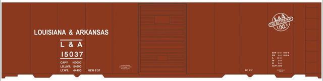 Railroad Decal Set -- Louisiana & Arkansas 40' Steel Boxcar (Boxcar Red Car, L&A Lines Logo)