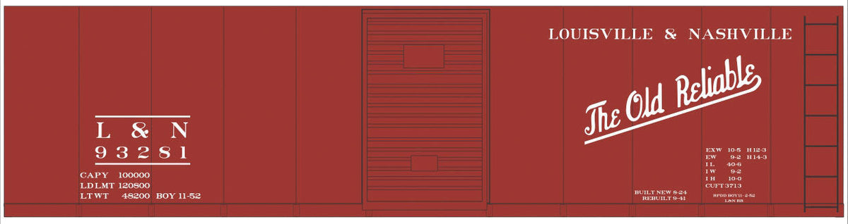 Railroad Decal Set -- Louisville & Nashville 40' Steel Boxcar (Boxcar Red Car, Old Reliable Slogan
