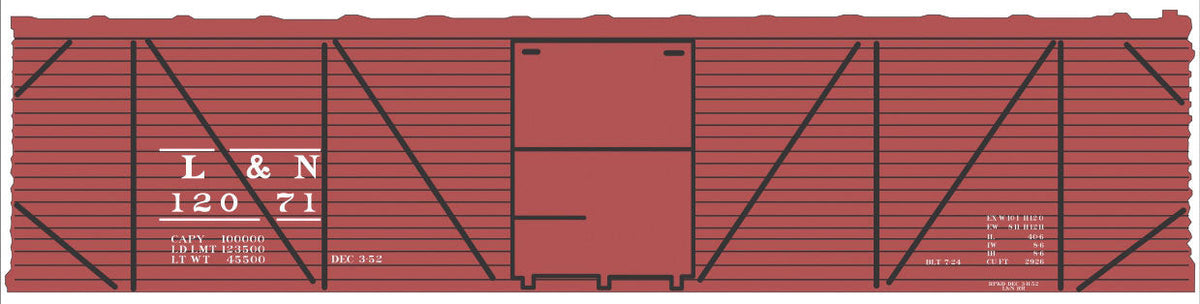 Railroad Decal Set -- Louisville & Nashville 40' Single-Sheathed Wood Boxcar (Boxcar Red, No Logo)