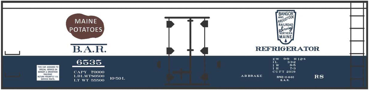 Railroad Decal Set -- Bangor & Aroostook 40' Wood Reefer (blue, white, Maine Potatoes)