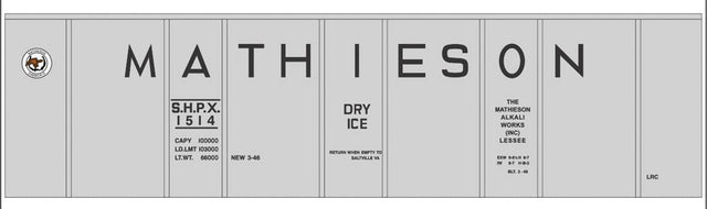 Railroad Decal Set -- Mathieson Dry Ice 40' Insulated Boxcar (gray car, no door)