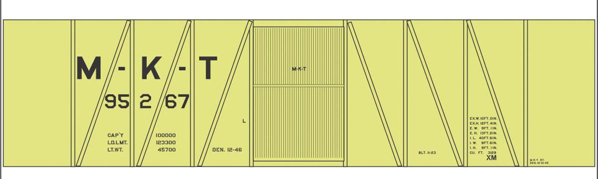 Railroad Decal Set -- Missouri-Kansas-Texas Single-Sheathed Wood Boxcar (yellow car)