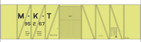Railroad Decal Set -- Missouri-Kansas-Texas Single-Sheathed Wood Boxcar (yellow car)