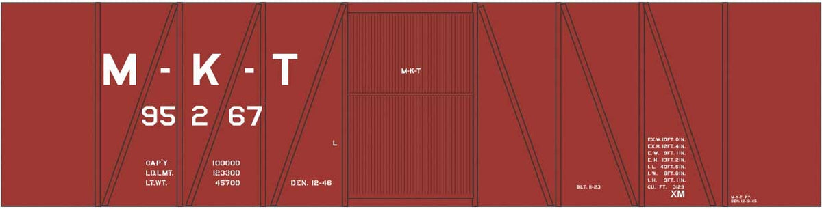 Railroad Decal Set -- Missouri-Kansas-Texas Single-Sheathed Wood Boxcar (Boxcar Red Car)