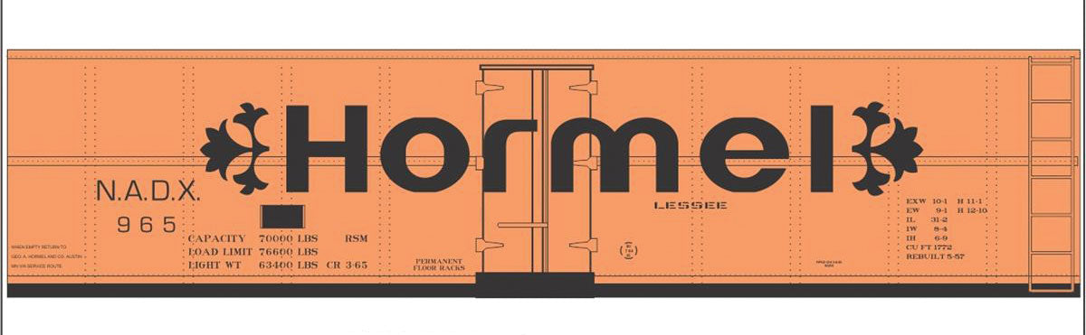 Railroad Decal Set -- Hormel 40' Steel Reefer (Black Billboard Lettering with Florets)
