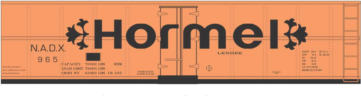 Railroad Decal Set -- Hormel 40' Steel Reefer (Black Billboard Lettering with Florets)