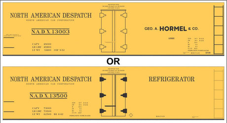 Railroad Decal Set -- Hormel NADX 40' Wood Reefer (black NADX, Small Hormel Lettering)