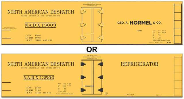 Railroad Decal Set -- Hormel NADX 40' Wood Reefer (black NADX, Small Hormel Lettering)