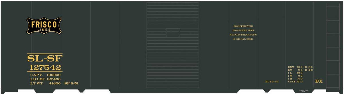 Railroad Decal Set -- St. Louis-San Francisco 40' Steel Boxcar (Pullman Green, Frisco Logo)
