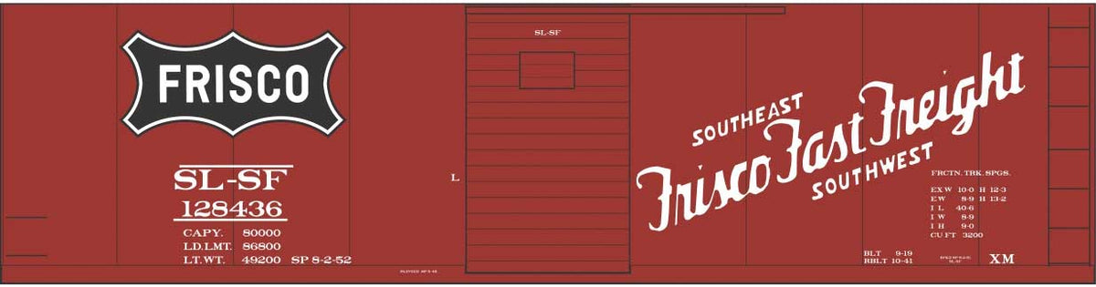 Railroad Decal Set -- St. Louis-San Francisco 40' Steel Boxcar (Boxcar Red, Frisco Fast Freight)