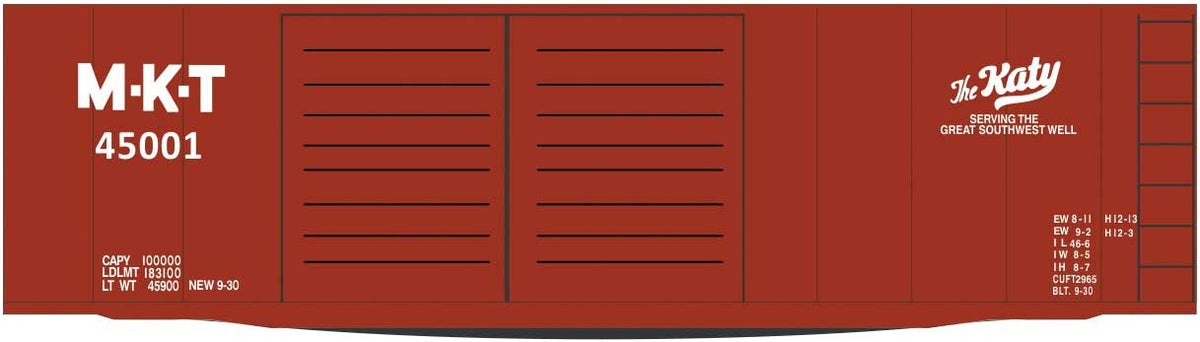Railroad Decal Set -- Missouri-Kansas-Texas 40' Double-Door Steel Boxcar (Katy Logo)