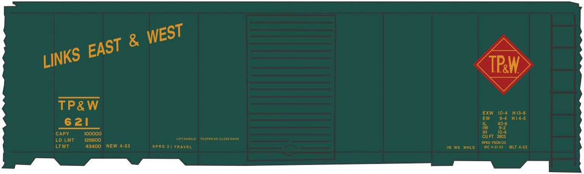 Railroad Decal Set -- Toledo, Peoria & Western 40' Steel Boxcar (green car, Links E&W Slogan)