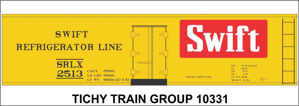 Railroad Decal Set -- Swift Refrigerator Line 40' Steel Reefer (yellow, car, red logo)