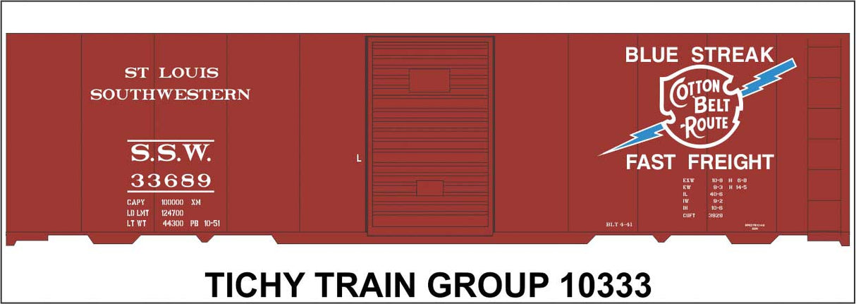 Railroad Decal Set -- Cotton Belt SSW 40' Steel Boxcar (Blue Streak Logo)