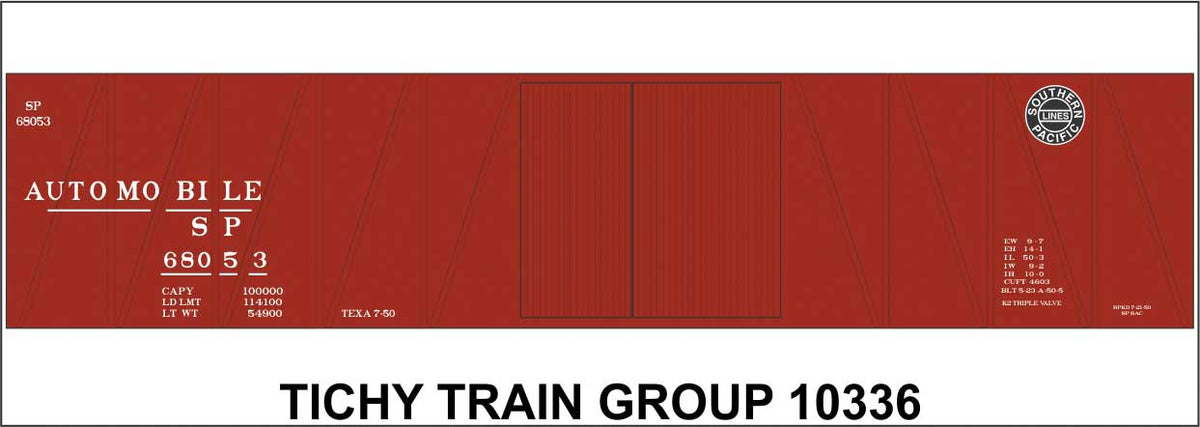 Railroad Decal Set -- Southern Pacific 50' 1-1/2-Door Wood Boxcar (Automobile Service, Lines Logo)