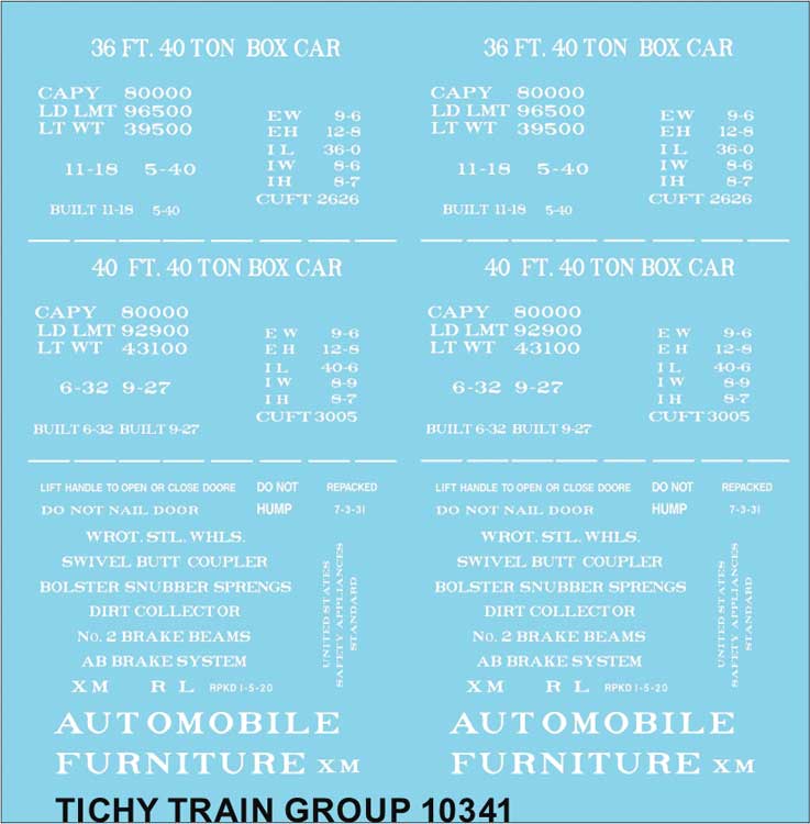 Railroad Decal Set -- Generic 36' and 40' Wood Boxcar Data (white lettering)