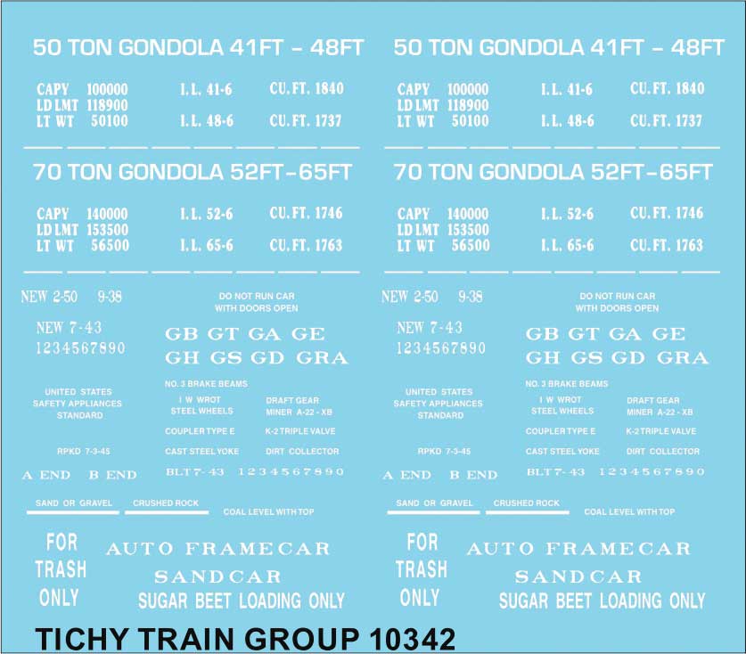 Railroad Decal Set -- Generic 41', 48', 52 and 64 Steel Gondola Data (white lettering)