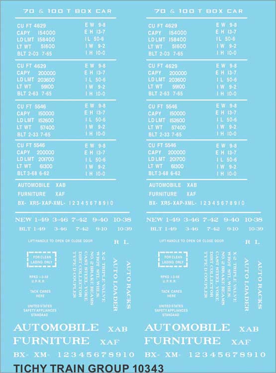 Railroad Decal Set -- Generic 50', 70 and 100-Ton Steel Boxcar Data (white lettering)