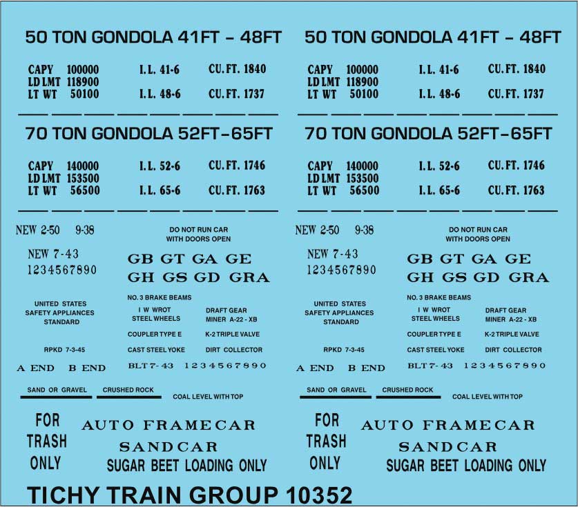 Railroad Decal Set -- 41', 48', 52' and 65' Steel Gondola Data (black)