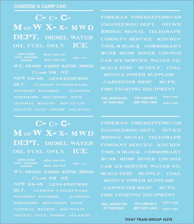 Railroad Decal Set -- Maintenance-of-Way and Camp Car Data (white lettering)