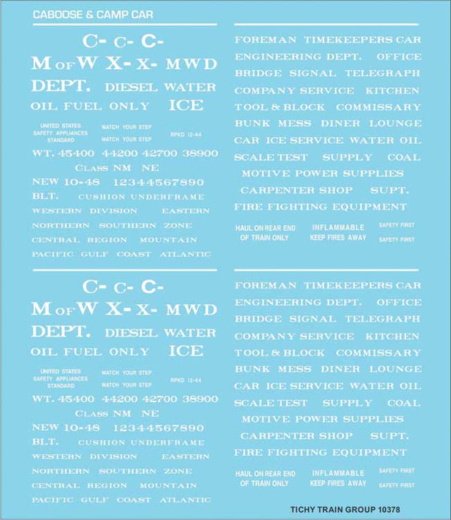 Railroad Decal Set -- Maintenance-of-Way and Camp Car Data (white lettering)