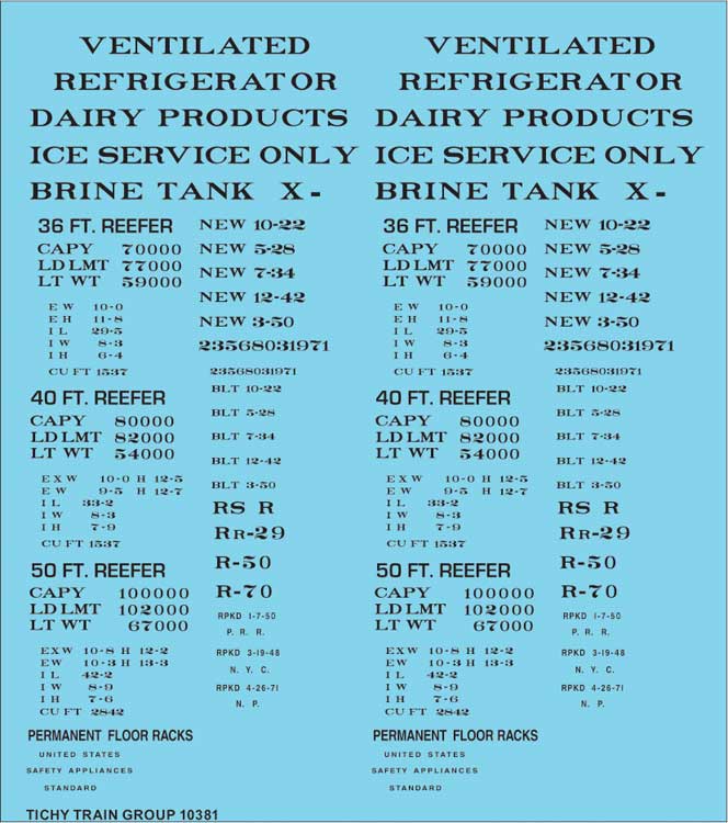 Railroad Decal Set -- Generic 36', 40' and 50' Refrigerator Car - Reefer Data (black lettering)
