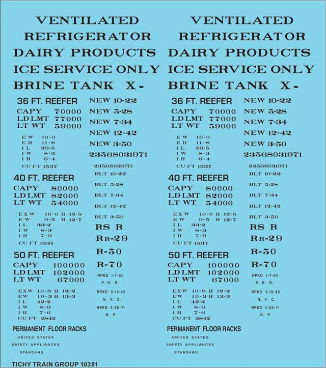 Railroad Decal Set -- Generic 36', 40' and 50' Refrigerator Car - Reefer Data (black lettering)