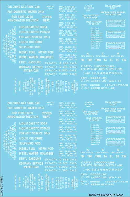 Railroad Decal Set -- Generic Tank Car Data (white lettering)