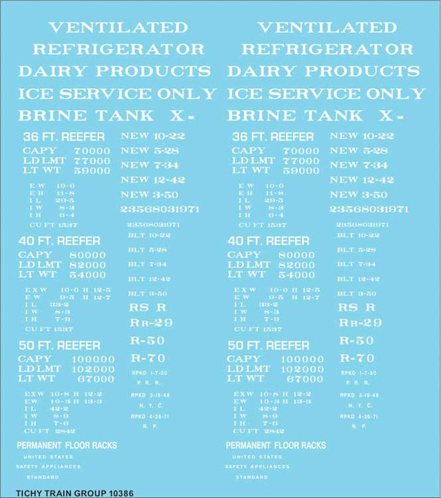 Railroad Decal Set -- Generic 36', 40' and 50' Refrigerator Car - Reefer Data (white lettering)