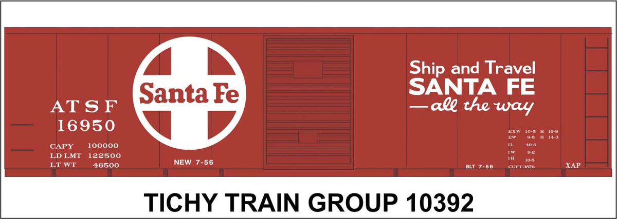 Railroad Decal Set -- Santa Fe 40' Steel Boxcar (Boxcar Red Car, Ship & Travel Slogan, Large Logo)