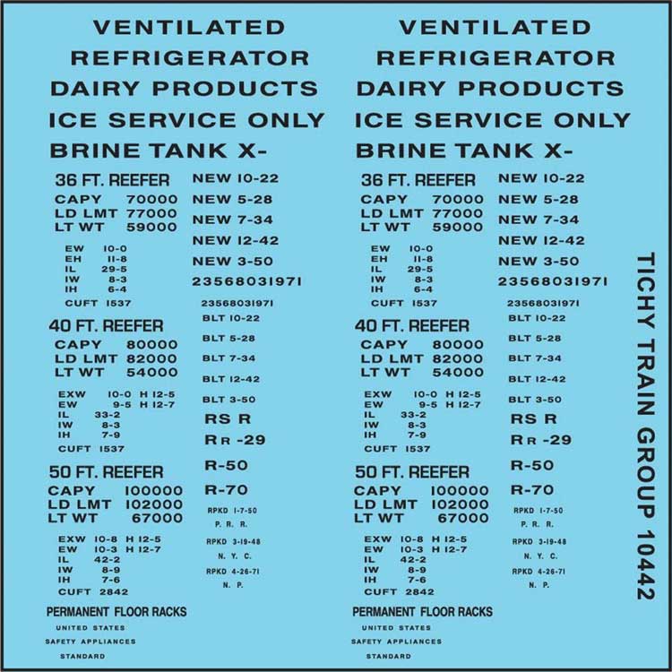 Railroad Decal Set -- 36', 40', 50' Reefer Data, Gothic Lettering (black)